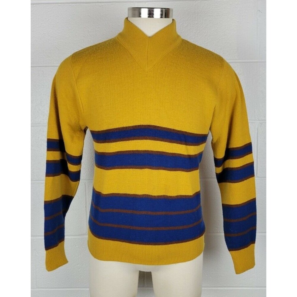 Vintage 60s Jantzen NLF‎ Expandables V-Neck Sweater Gold Blue Brown Rams? M